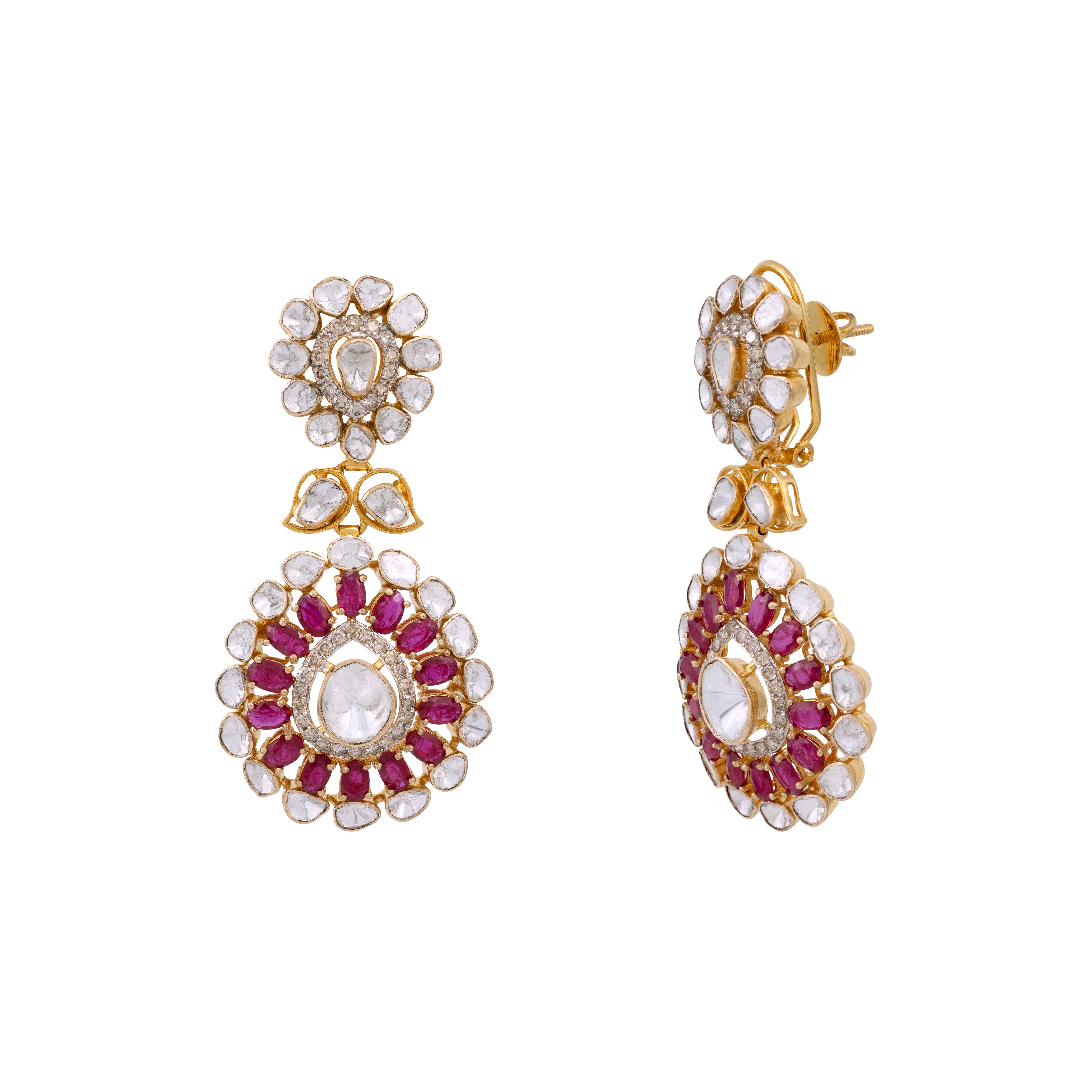 Polki and Ruby Halo Danglers with Floral Drop